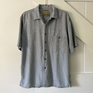 Cabana 100% Silk Men’s Shirt Size Medium Palm Trees Button Up Short Sleeve Blue